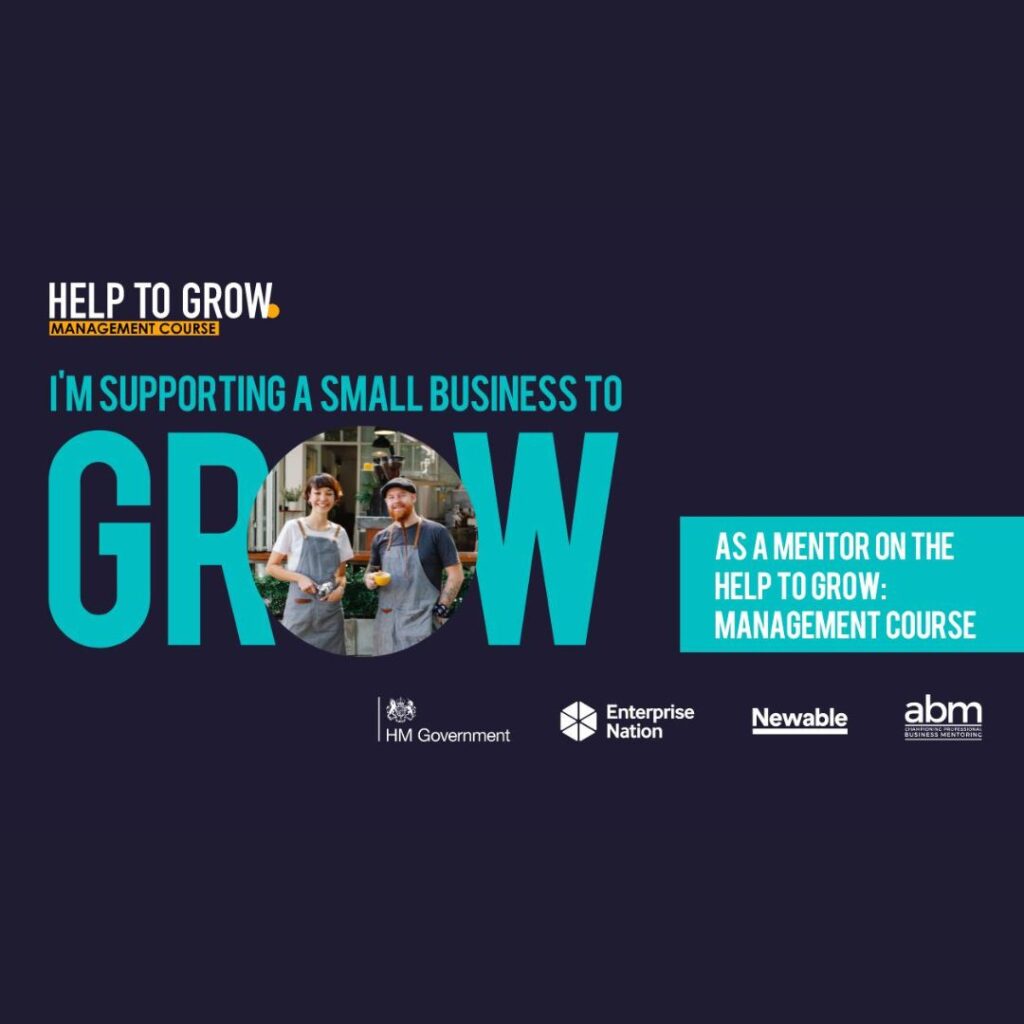 HM Government Help To Grow Management Course logo, highlighting Rob Town’s role as a qualified mentor supporting musicians and creative businesses with growth and management expertise