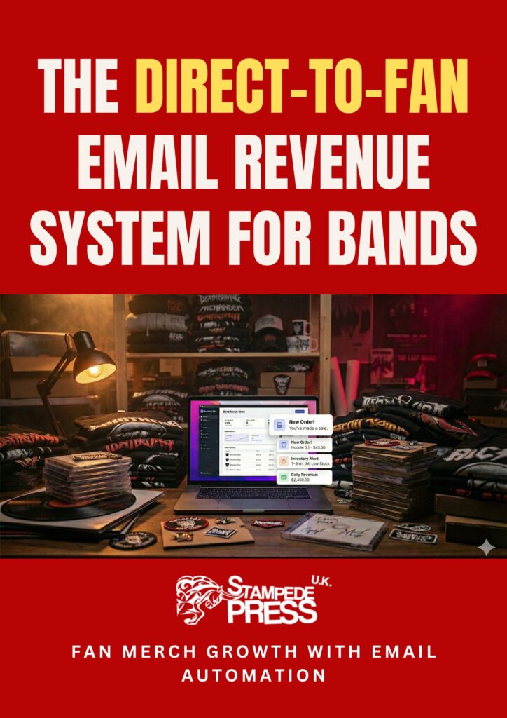 Brochure cover for Direct-to-Fan Email Revenue System for Bands explaining how email automation increases online merch sales and repeat purchases.