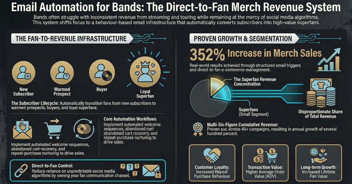 Email automation for bands infographic showing how Drip workflows increase direct-to-fan merch revenue, recover abandoned carts, grow repeat purchases and reward superfans.