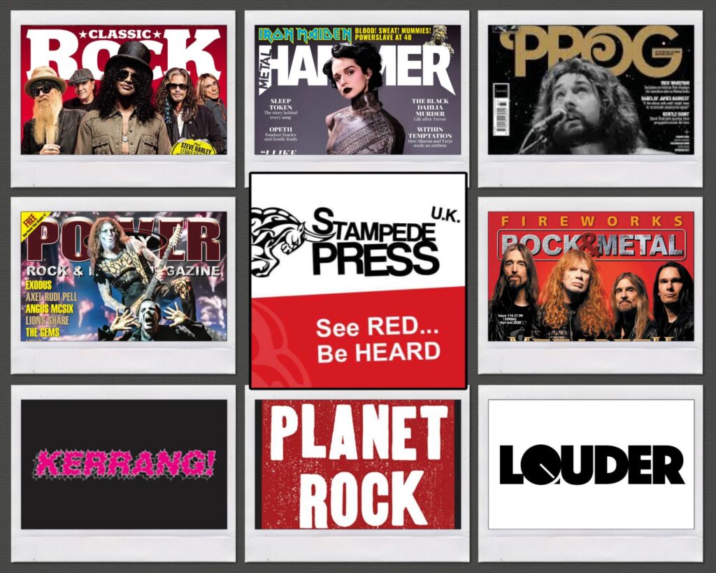 Stampede Press UK music PR results featuring Classic Rock, Metal Hammer, Kerrang, and Planet Rock coverage for rock and metal bands