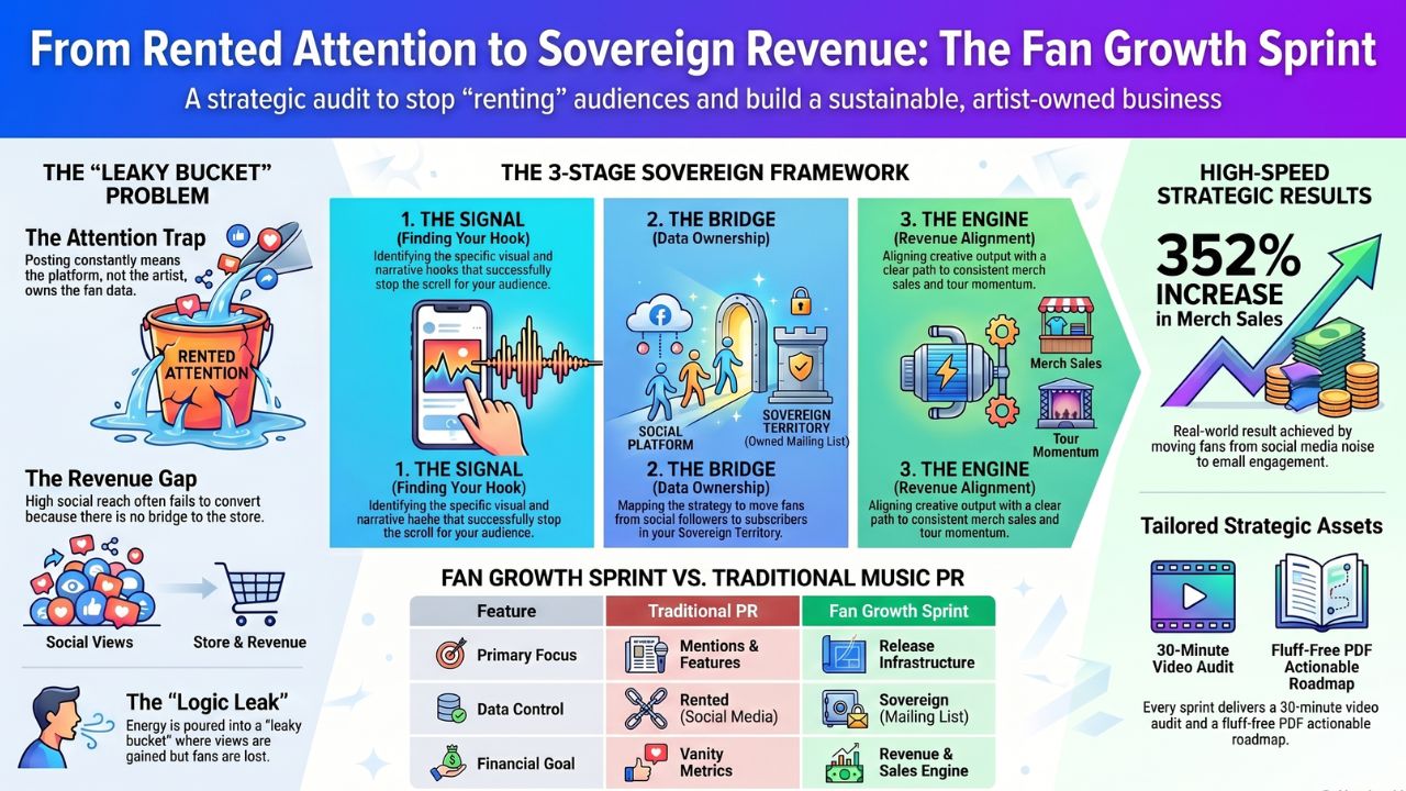 Infographic for the Fan Growth and Revenue Sprint showing the 3-stage framework: The Signal, The Bridge, and The Engine, designed to stop the logic leak and increase merch sales.