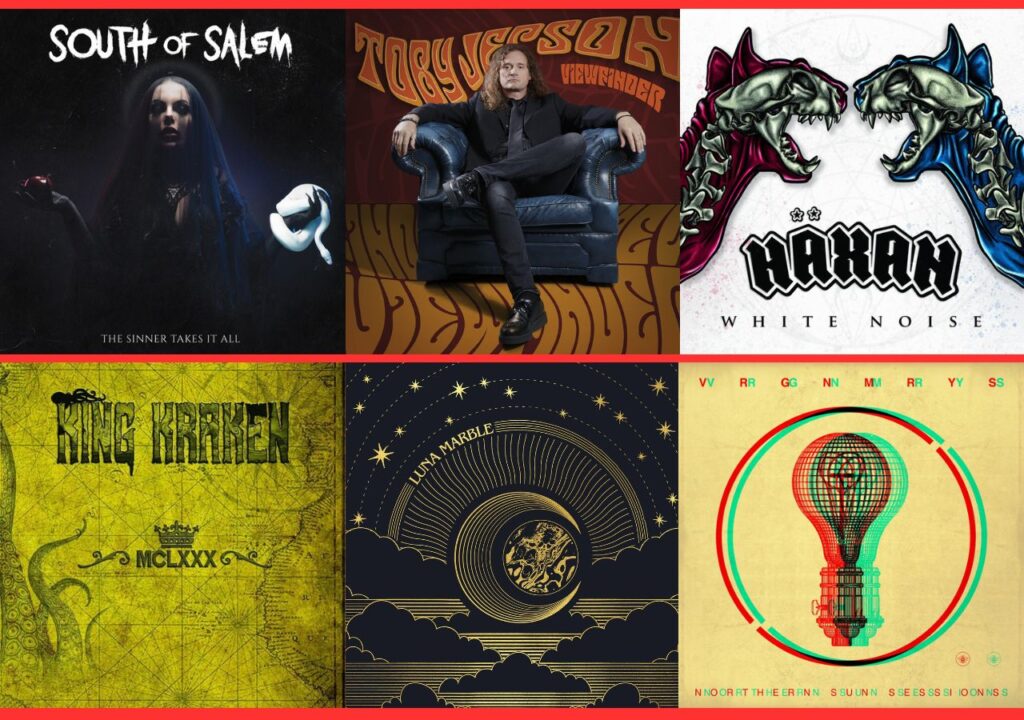 Album covers of rock and metal bands South Of Salem, Toby Jepson, Haxan, King Kraken, Luna Marble and The Virginmarys, who've worked with Stampede Press on PR campaigns for their EP and album releases.